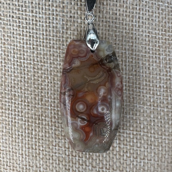 Crazy Lace Agate Laughter Stone Pendant Necklace on Black Satin Rope - Picture 10 of 14